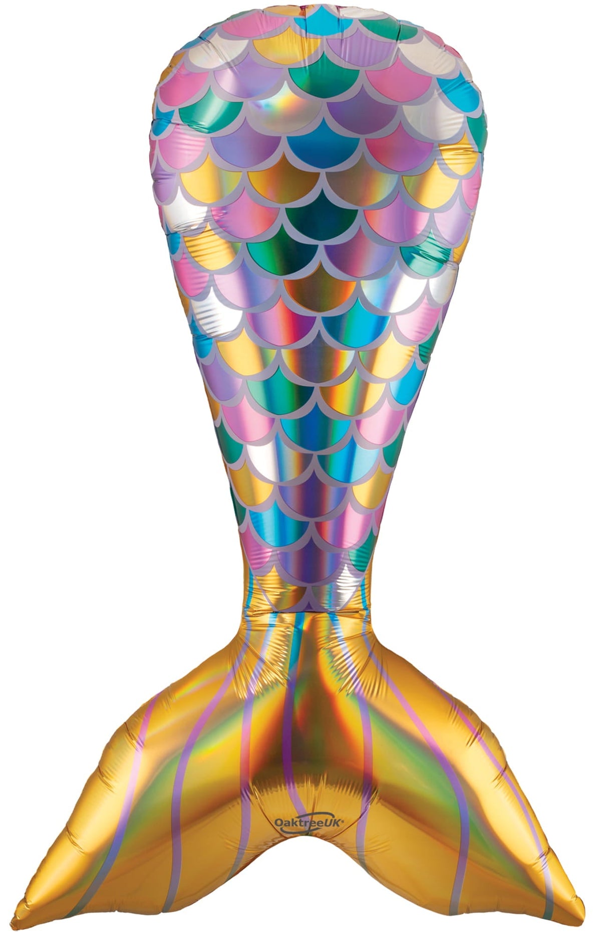 Colorful mermaid tail balloon with scale pattern on a white background