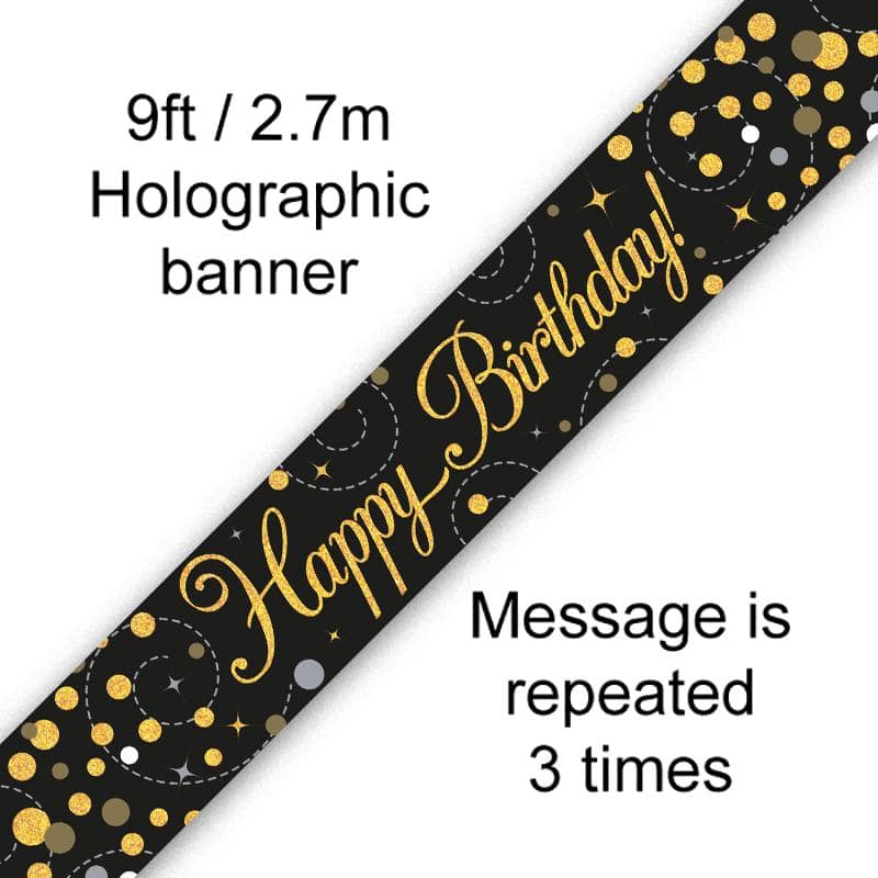 9ft Banner - Black & Gold Sparkling Fizz Happy Birthday