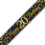 Holographic birthday banner with 'Happy 20th Birthday!' text on a black background with gold polka dots.