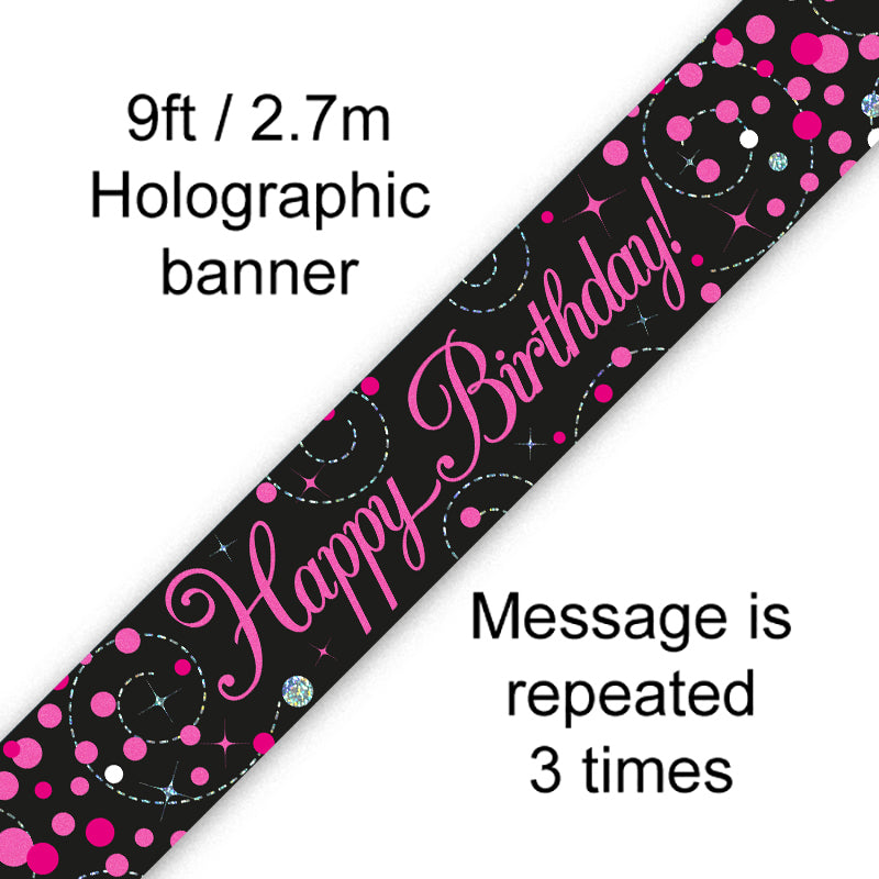 9ft Banner Sparkling Fizz Birthday Black & Pink Holographic