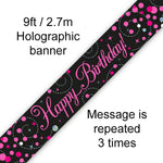 9ft Banner Sparkling Fizz Birthday Black & Pink Holographic