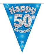 Happy Birthday 50th Blue Holographic Party Bunting