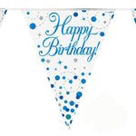 Holographic birthday banner with 'Happy Birthday!' text and blue polka dots on a white background.