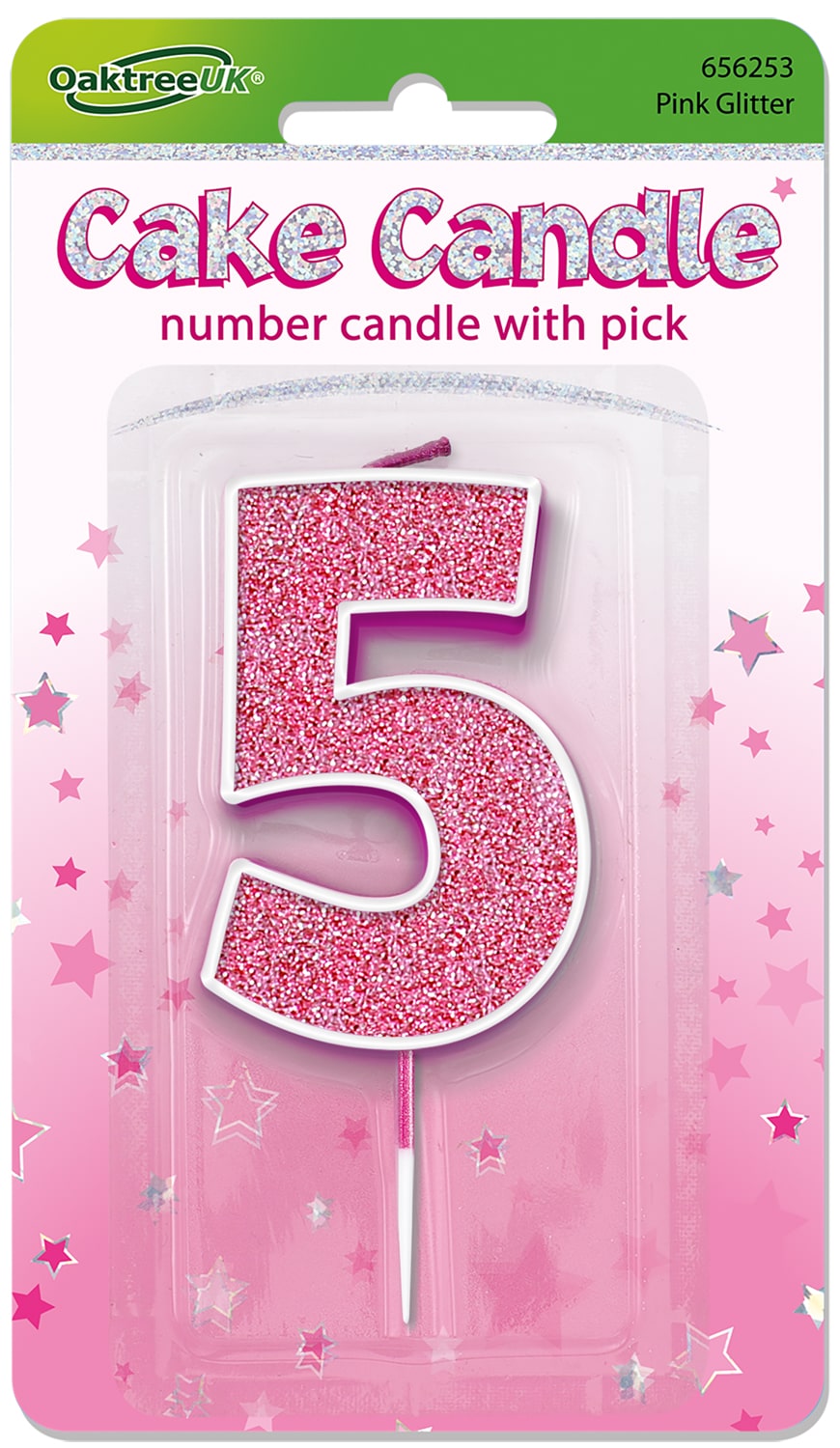 Glitter No.5 Candle 7.5cm Pink/Silver Glitter