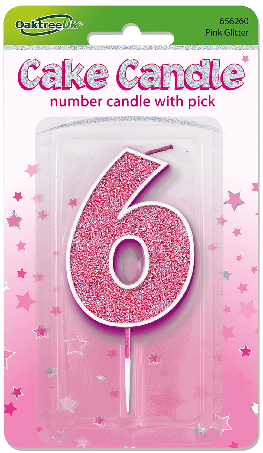 Glitter No.6 Candle 7.5cm Pink/Silver Glitter