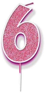 Glitter No.6 Candle 7.5cm Pink/Silver Glitter