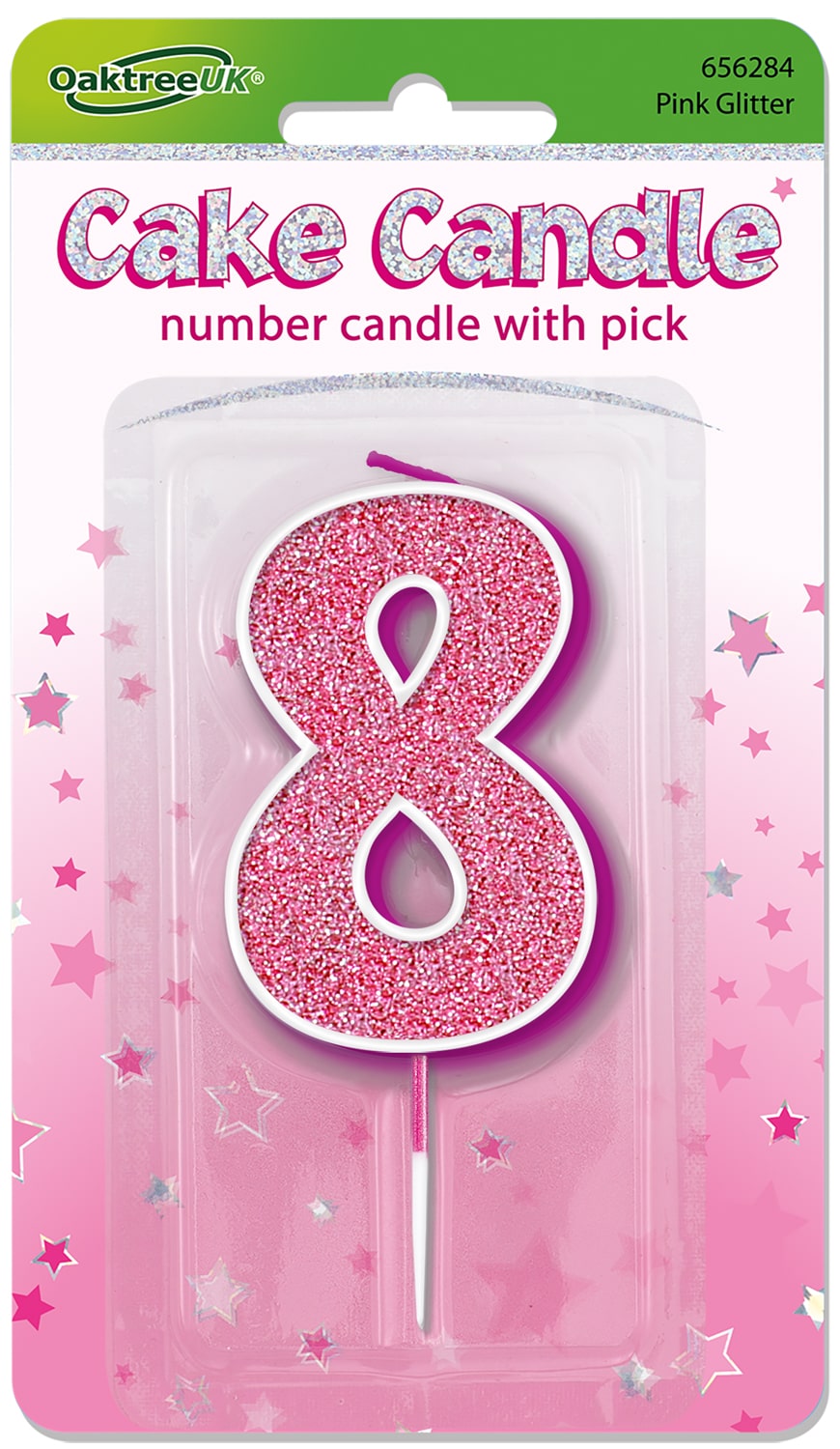 Glitter No8 Candle 7.5cm Pink/Silver Glitter