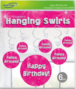 Happy Birthday Pink Holographic Hanging Swirls - 6pcs