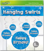 Happy Birthday Blue Holographic Hanging Swirls - 6pcs