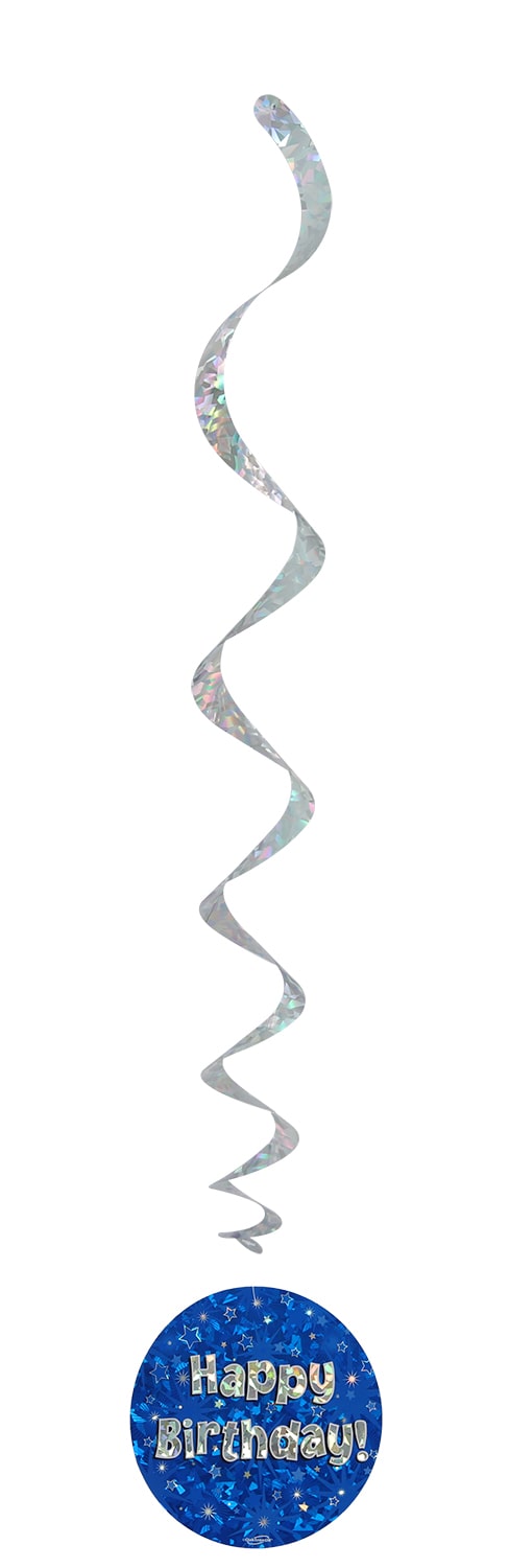 Happy Birthday Blue Holographic Hanging Swirls - 6pcs