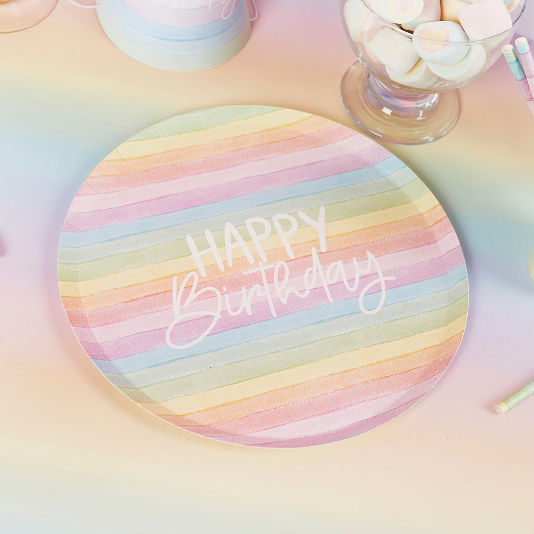 Eco Rainbow 'Happy Birthday' Paper Plates - 8pk