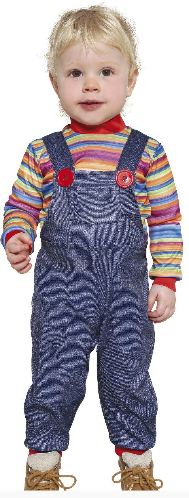 Child wearing blue denim overalls and a colorful striped shirt on a white background