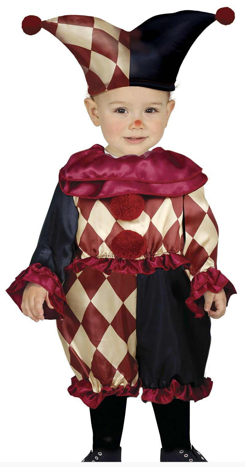 Child wearing a colorful clown costume with a checkered pattern on a white background