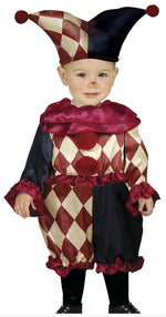 Child wearing a colorful clown costume with a checkered pattern on a white background
