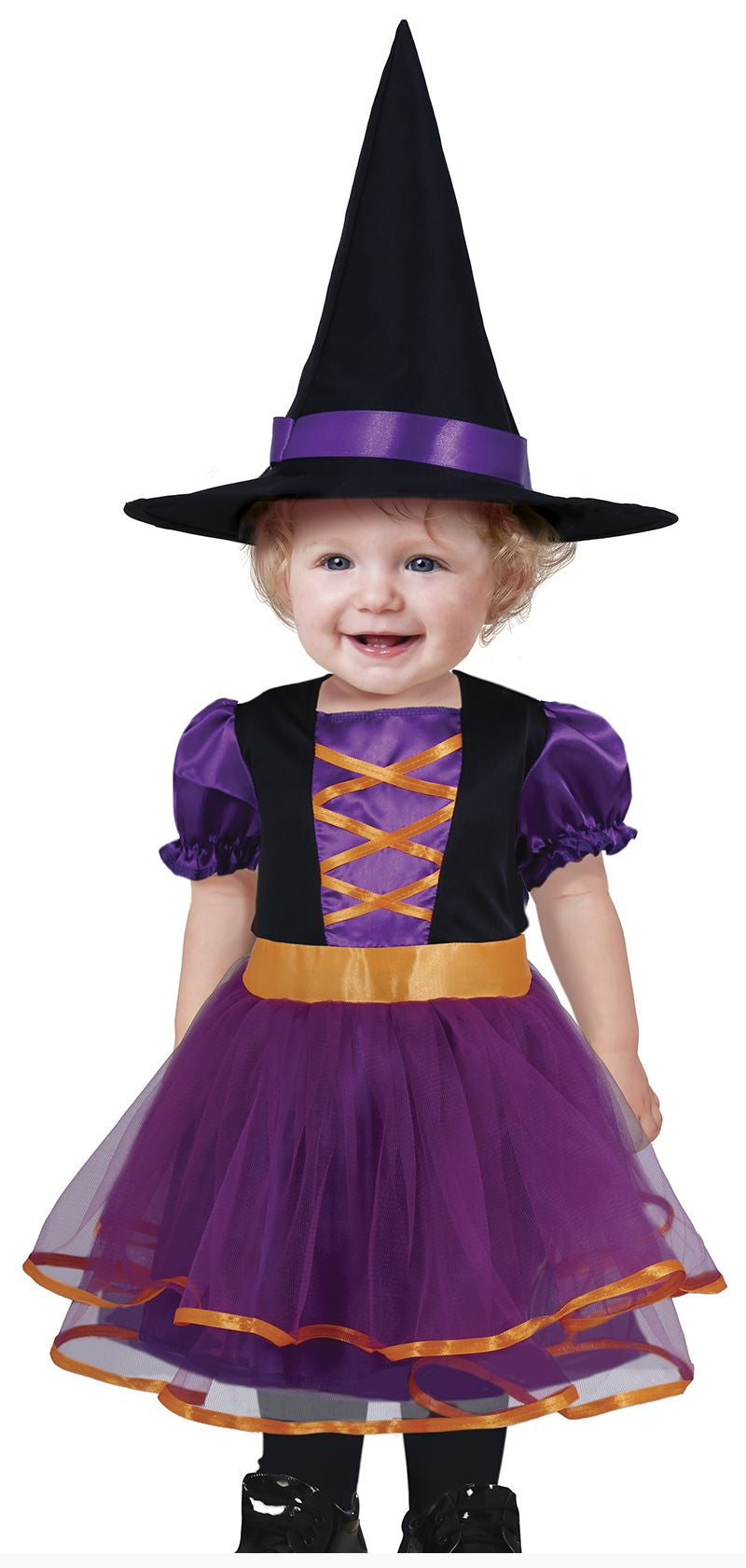 Child wearing a purple witch costume with a black hat on a white background