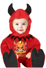 Baby wearing a red devil costume with black horns and wings on a white background