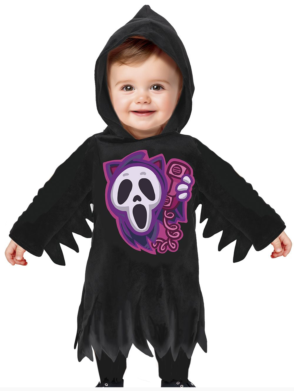 Baby wearing a black Halloween costume with a ghost design on a white background