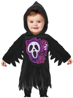 Baby wearing a black Halloween costume with a ghost design on a white background