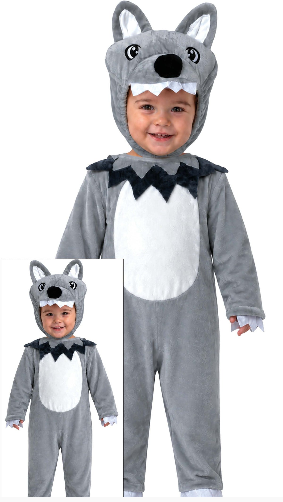 A child wearing a gray and white wolf costume jumpsuit with a hood featuring a wolf face, shown on a white background with a smaller inset view of the same costume.