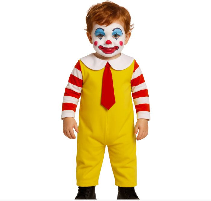 A child wearing a Ronald McDonald-style clown costume against a plain white background. The costume includes a white face mask with red and blue makeup, a red-and-white striped long-sleeve top, a red tie, and yellow pants.
