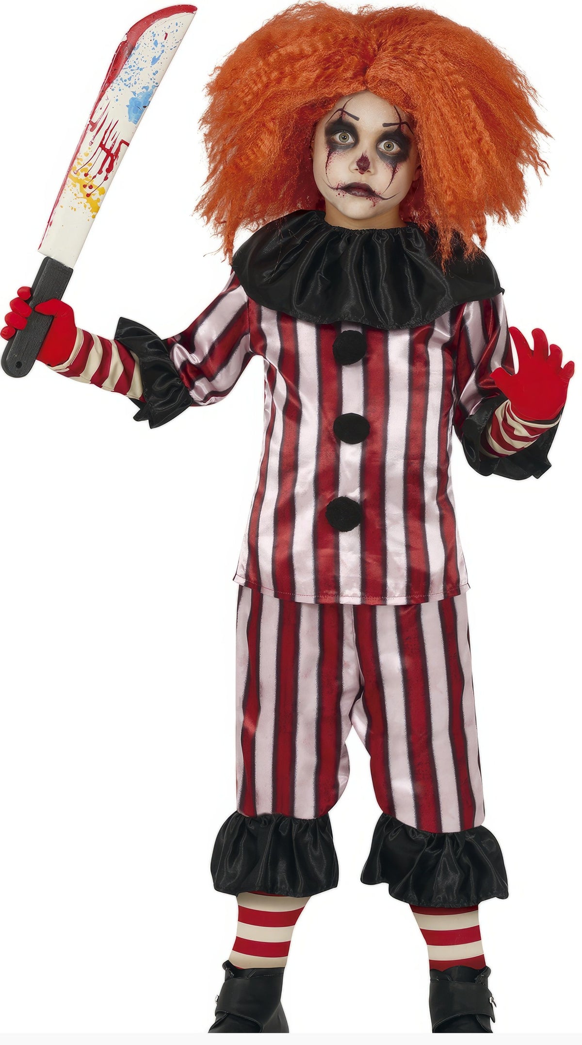 A child's scary clown costume featuring a red and white vertically striped jumpsuit with black ruffled collar, cuffs, and hems, matching striped socks, red gloves, and a bright orange wig. The costume is shown on a white background with a toy machete accessory.