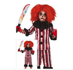 Child's scary clown costume with red and white vertical stripes, black ruffled collar and cuffs, black buttons, red gloves, and a bright red wig. The costume is shown on a child model holding a toy knife, with a smaller inset view of the full costume on a plain white background.