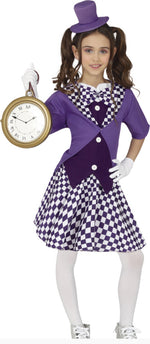 Child wearing a purple and checkered costume holding a clock.
