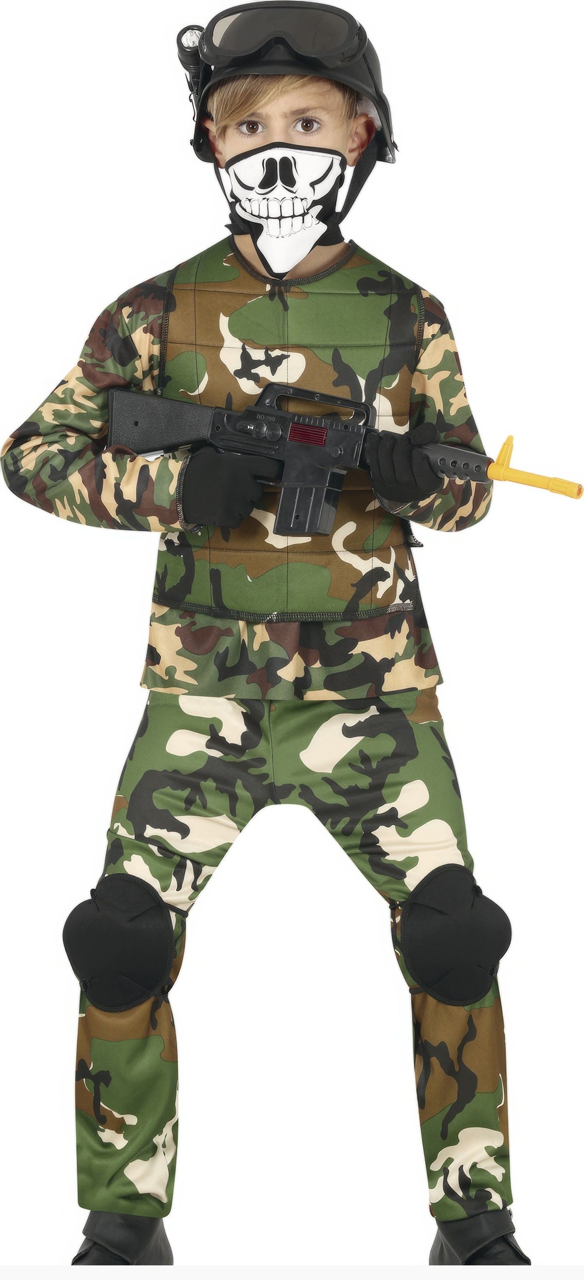 Child in a camouflage costume with tactical gear and skull mask on a white background