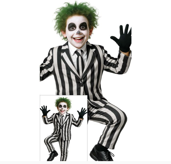 A child modeling a black and white striped costume resembling the character Beetlejuice, with green hair, black face paint, a striped shirt, striped jacket, striped pants, and black gloves. 