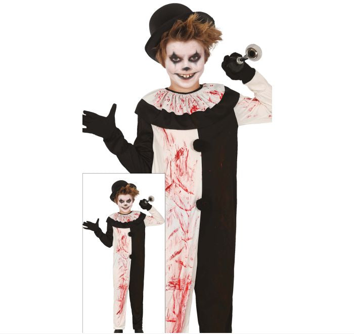 Halloween costume with black, white, and red design on a white background