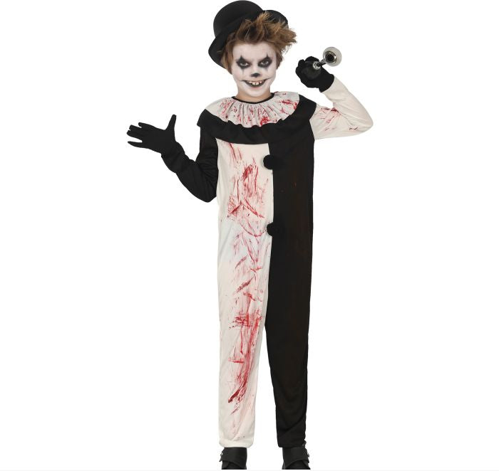 A model wearing a creepy clown costume with a black and white split design, red blood splatters, a black top hat, and a small silver horn, photographed against a plain white background.
