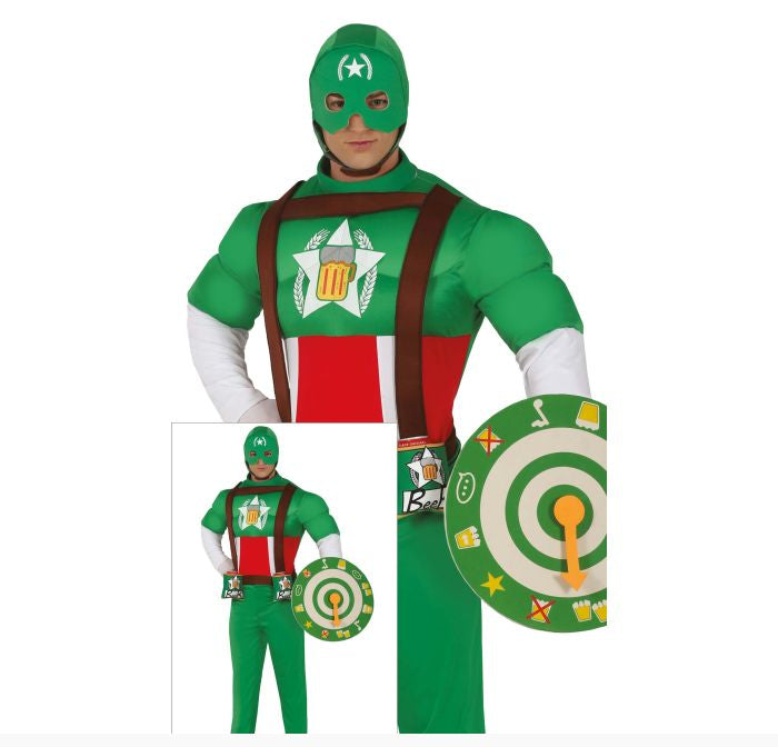 Green superhero costume with red accents and a shield, featuring a star and beer mug design.