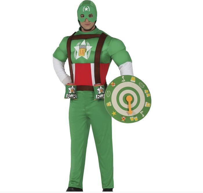Person wearing a green superhero costume with a shield on a white background