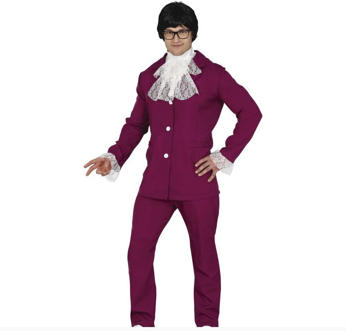A man modeling a men's historical costume suit in deep magenta-purple with a white lace cravat and matching lace cuffs, set against a plain white background.