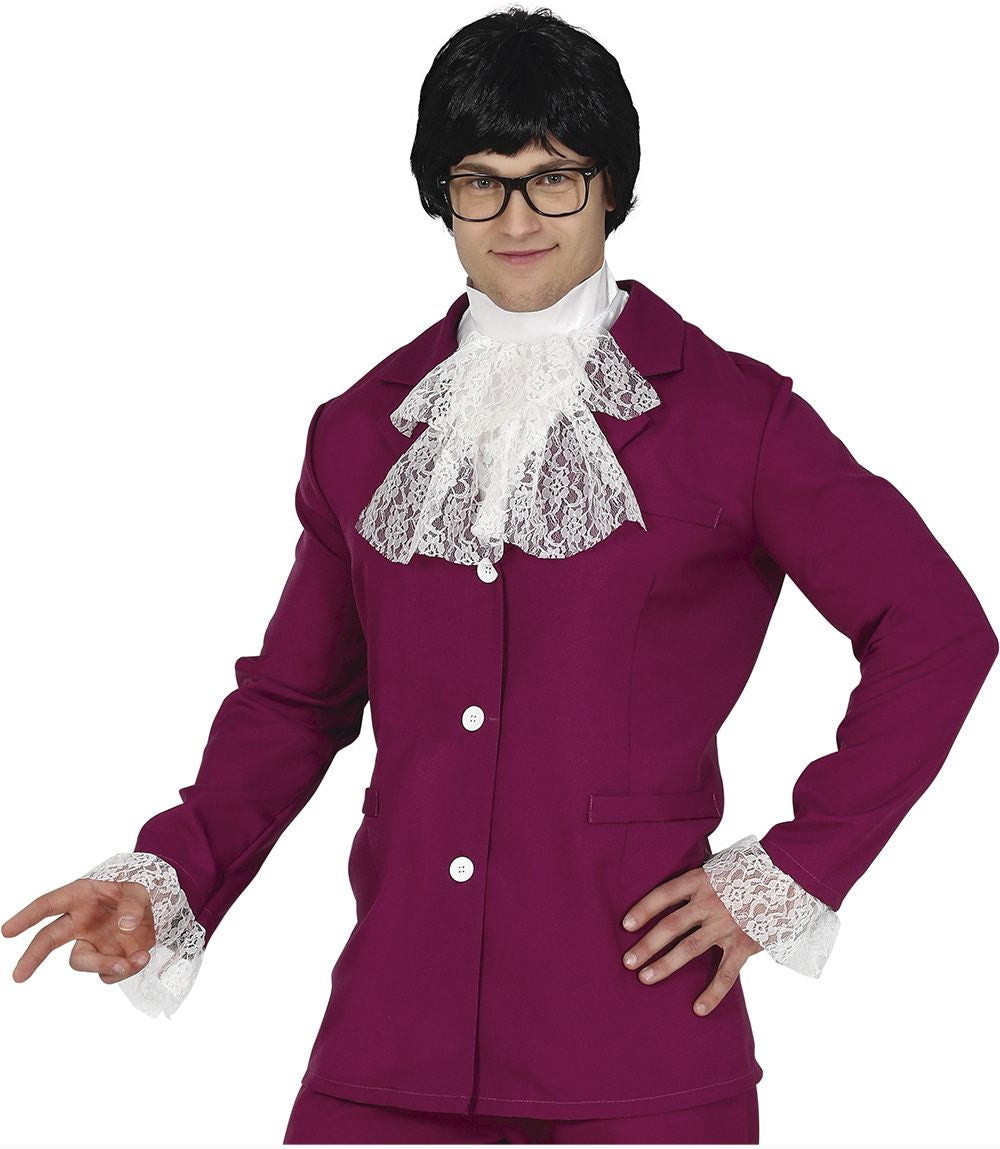 A man wearing a vintage-style costume consisting of a deep magenta jacket with white lace ruffs at the collar and cuffs, white buttons, black glasses, and a black wig. The photo is shot against a plain white background.