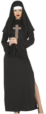 Person wearing a black nun costume with a cross, on a white background