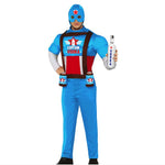 Person wearing a superhero costume with blue helmet and red star, holding a weapon on a white background.