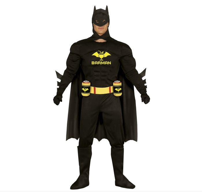 A man wearing a black Batman costume with a cowl, cape, utility belt, and gloves, standing against a plain white background. The costume has yellow Batman logos and text on the chest and belt, with red accents on the belt.
