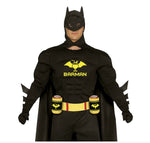 A man wearing a black Batman-style costume with a cowl, cape, gloves, and utility belt. The costume has yellow bat symbols and the word 'BARMAN' on the chest, with two yellow drink cans attached to the belt.