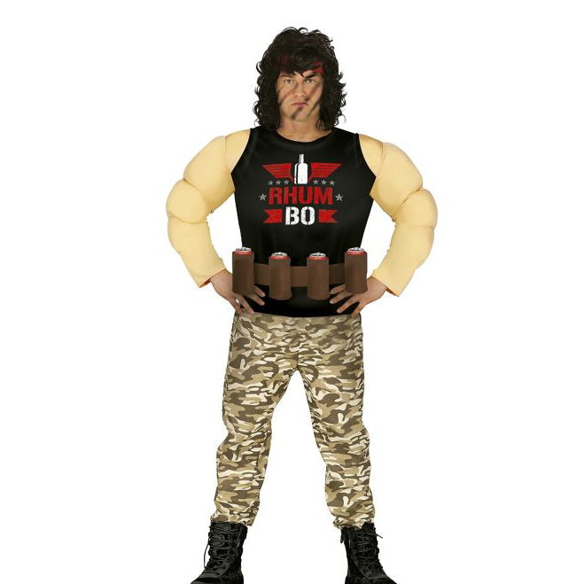Person wearing a costume with a muscular build, black tank top, and camouflage pants on a white background.