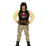 Person wearing a costume with a muscular build, black tank top, and camouflage pants on a white background.