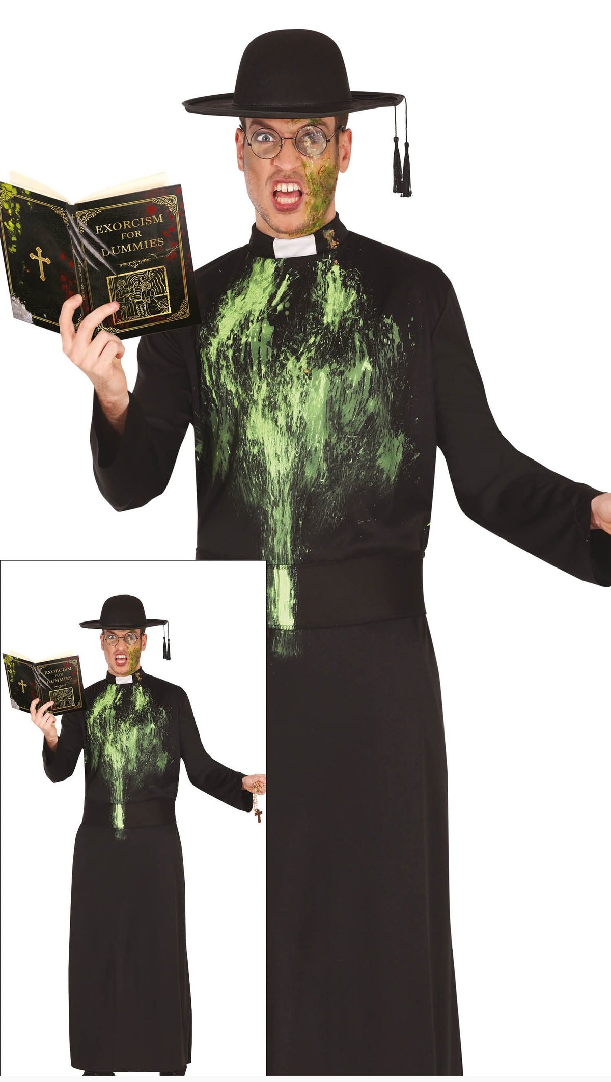 Person in a black robe with green stains holding a book, with a close-up of the green stains.