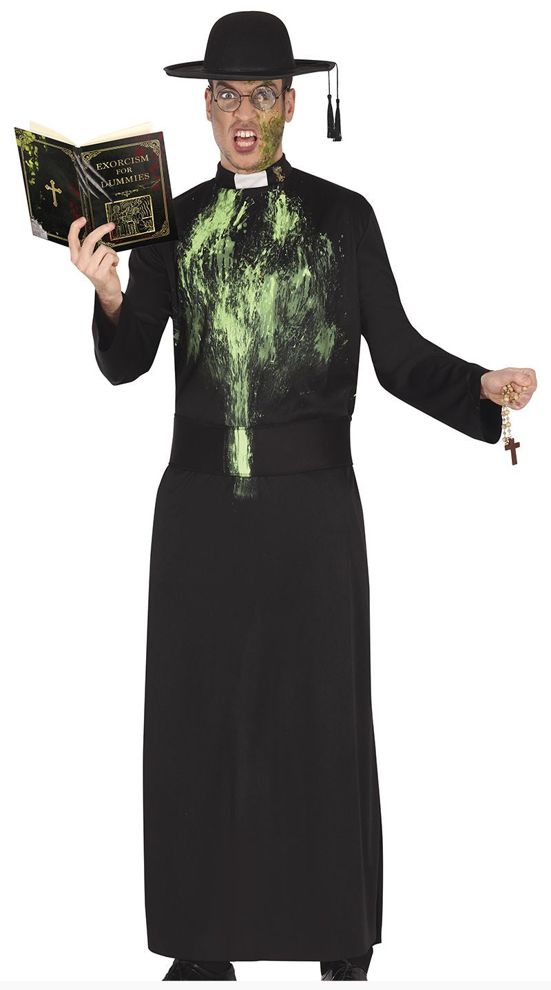 Person wearing a black costume with green stains, holding a book and keys on a white background.