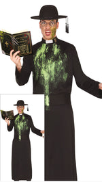 Person in a black robe with green stains holding a book, with a close-up of the green stains.