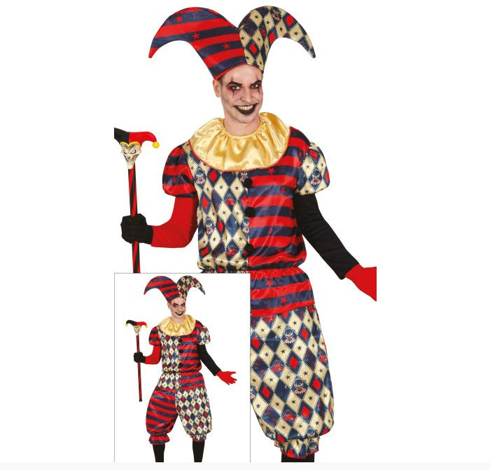 A man modeling a red, black, and gold jester costume against a white background, with a smaller inset showing the full outfit. The costume includes a jester hat, striped and diamond-patterned tunic and pants, a gold ruffled collar, black sleeves, and red gloves.