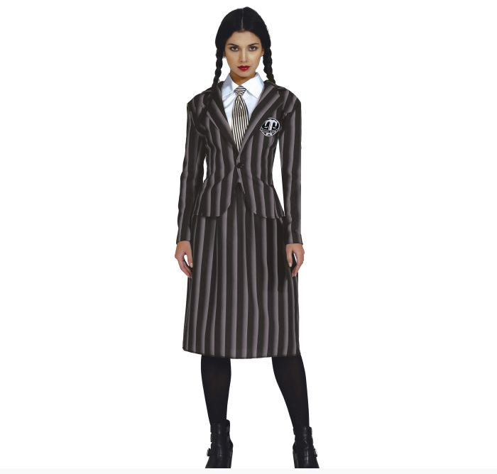 Person wearing a striped suit with a tie on a white background