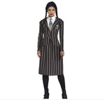 Person wearing a striped suit with a tie on a white background