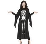 Black dress with skeleton design worn by a model on a white background
