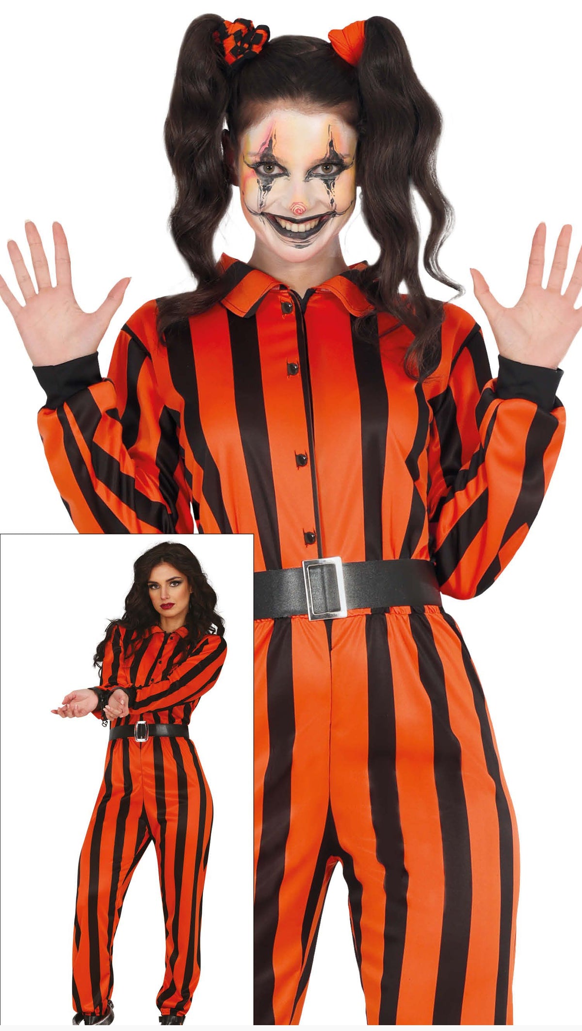 Ladies Striped Orange & Black Harlequin Prisoner Costume