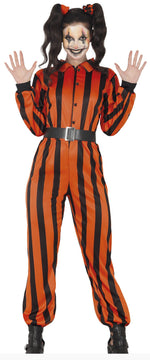 A child modeling a horror clown jumpsuit costume with bold orange and black vertical stripes, a black belt, and black shoes, posed against a plain white background.